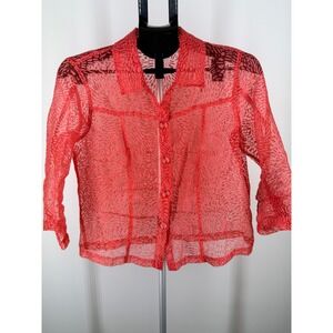 Erin Red Textured Sheer Burnout Button Up‎ Blouse 3/4 Sleeve PM